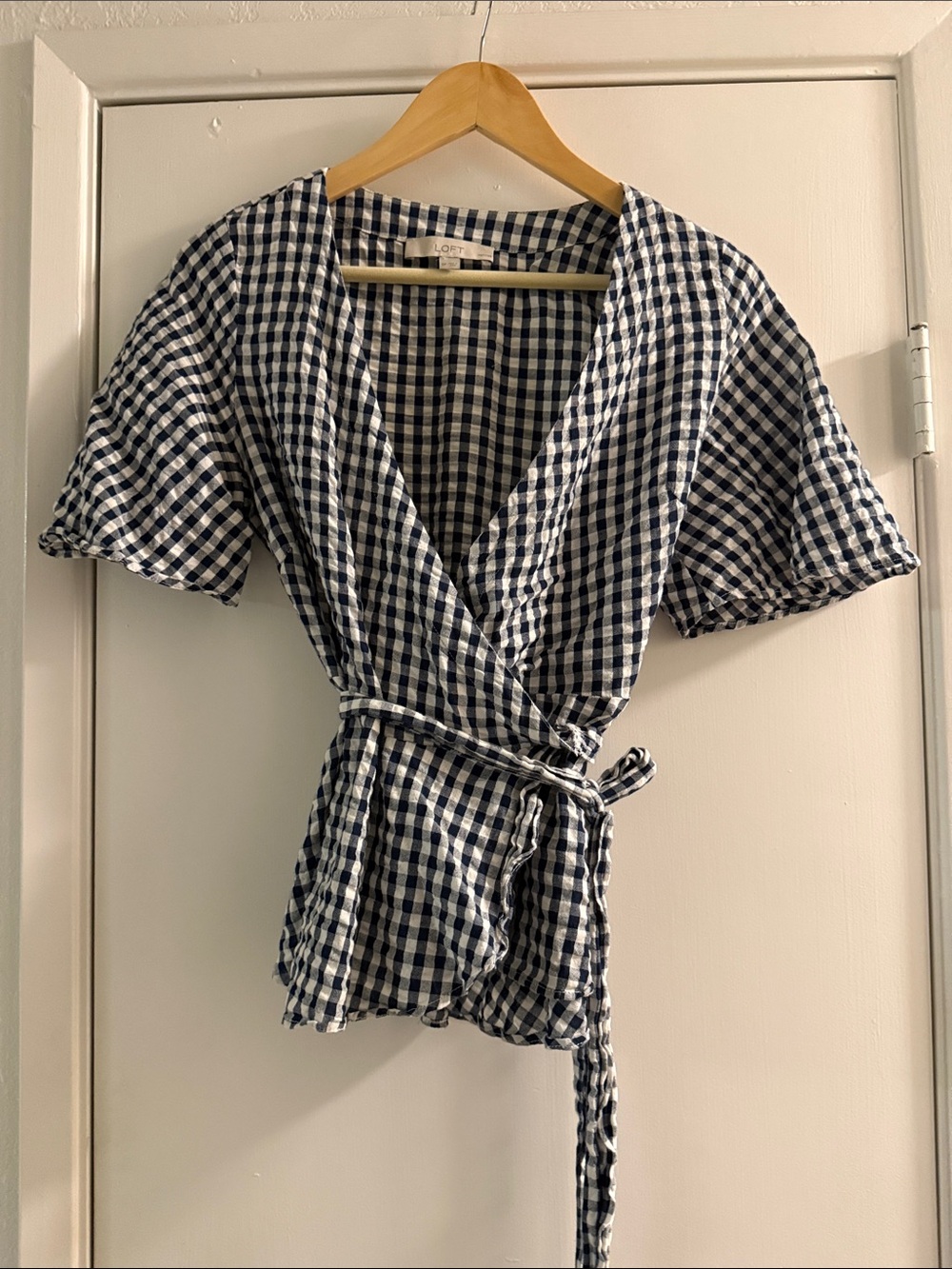 LOFT Navy & White Gingham Wrap Top with Tie Waist